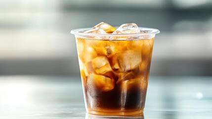 A vibrant and refreshing cup of iced coffee filled with ice cubes, set amidst a bright and sunny backdrop, creating an inviting atmosphere for coffee lovers.