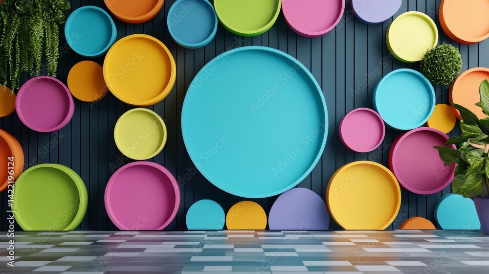 Poster colorful wall with many different colored circles. the wall is empty and has no decorations. the cir