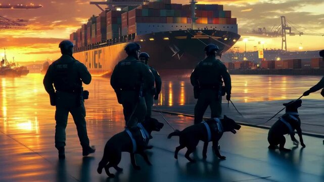 Close-up drone shot of narcotics police officers wearing bulletproof vests and helmets with their steel-vested police dogs, waiting to inspect containers at a port. 