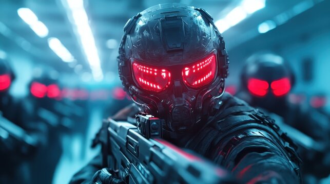 A close-up of futuristic armored soldiers with glowing red visors, encapsulating themes of power, readiness, and advanced warfare technology in a high-stakes scenario. - Powered by Adobe