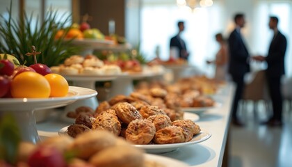 Elegant buffet spread features pastries, fresh fruits, refreshments. Food arrangement for corporate event, meeting, celebration. Business people in suits blurred on background, enjoying break during