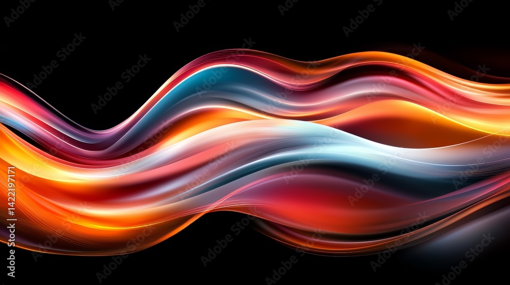 Poster Colorful wave with a black background. The colors are bright and vibrant, creating a sense of energy and movement. The wave appears to be flowing and dynamic, suggesting a feeling of freedom