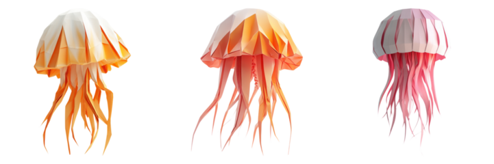 Bright jellyfish illustrations with flowing tentacles isolated on transparent PNG image perfect for ocean, magic, or sci-fi themes