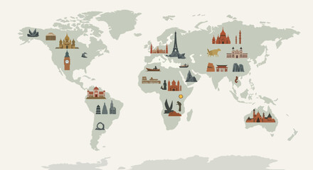 Illustrated World Map with Famous Landmarks in Soft Colors  