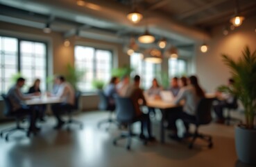 Team meeting at office, group of people discussing project. Collaboration concept. Business meeting at modern co-working space. Group of workers brainstorming on laptop. Teamwork, office environment,