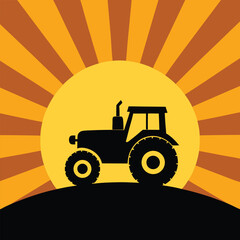 Tractor silhouette on hill with sunrise agricultural farming equipment illustration
