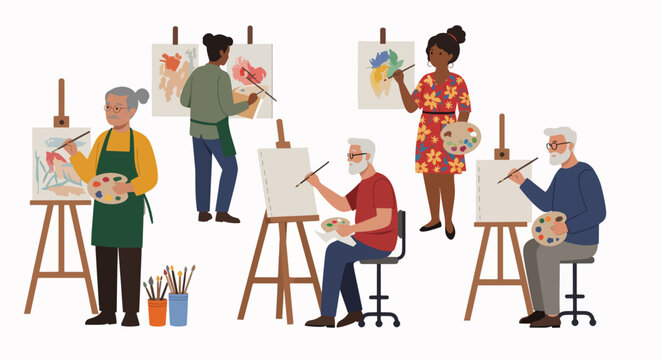 Artists painting together in a vibrant studio setting  