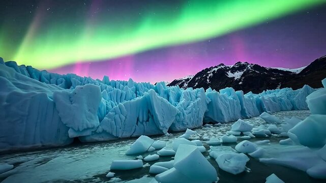Vibrant Aurora Borealis Over Stunning Arctic Glacier Landscape 4K