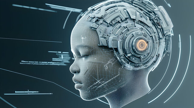 A futuristic image depicts a person with a high-tech device on their head. Suggests augmented reality for enhanced sensory experiences. Useful in tech marketing. - Powered by Adobe