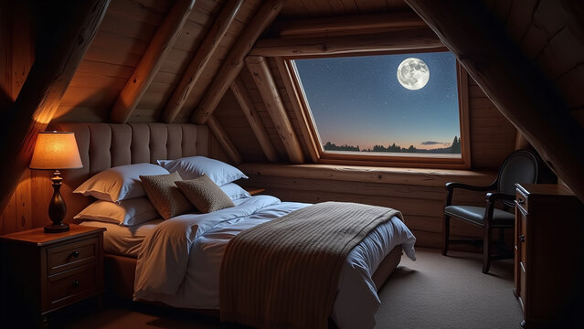 Attic Bedroom Interior with Bed, Nightstand, and Window Overlooking Moonlit Sky