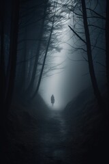 Dark forest path at night with person standing
