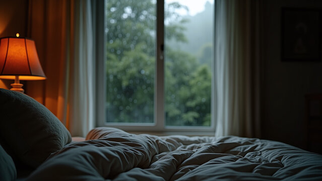 Bedroom Interior with Bed, Lamp, and Window Overlooking Rainy Landscape