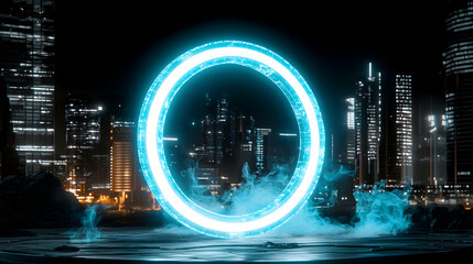 Futuristic portal glows in a city skyline. Great for sci-fi designs book covers or games. Explore the unknown and create amazing worlds.