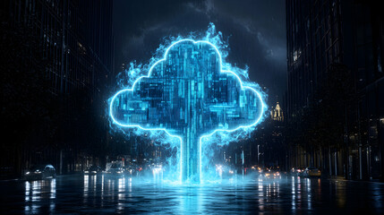 Cloud data concept illustration. A blue glowing cloud hovers over a city street. Reflective surfaces add to the digital atmosphere. Ideal for tech presentations.