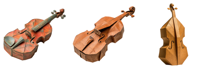Classical violins and cello in wooden texture isolated on transparent PNG image perfect for music themes or orchestral assets