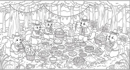 Obraz premium Junina Party Coloring Drawing, Typical Food Animal Picnic 