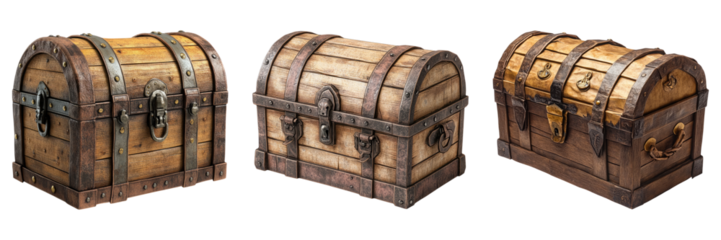 Vintage wooden treasure chests in closed and open variants isolated on transparent PNG image perfect for pirate or adventure content