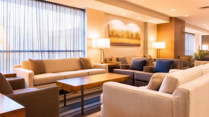 Fototapeta premium Modern lounge area with comfortable seating, warm lighting, and artistic decor, inviting relaxation