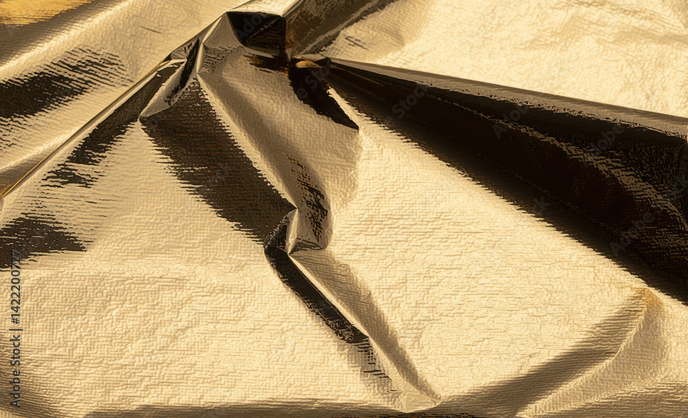 Poster golden foil with reflective, shiny texture creates a dramatic, angular design. shimmering folds and 