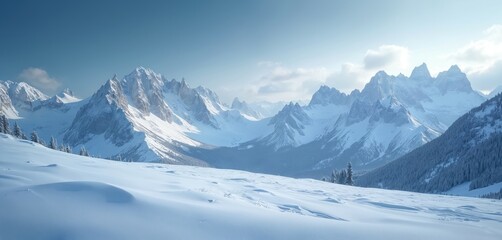 Obraz premium Snow-covered mountains in winter, alpine landscape with snowdrifts, clear sky. Cold arctic scenery, travel, tourism, wintertime. White snow peaks, glacial ice, glaciers in highlands, cold frozen