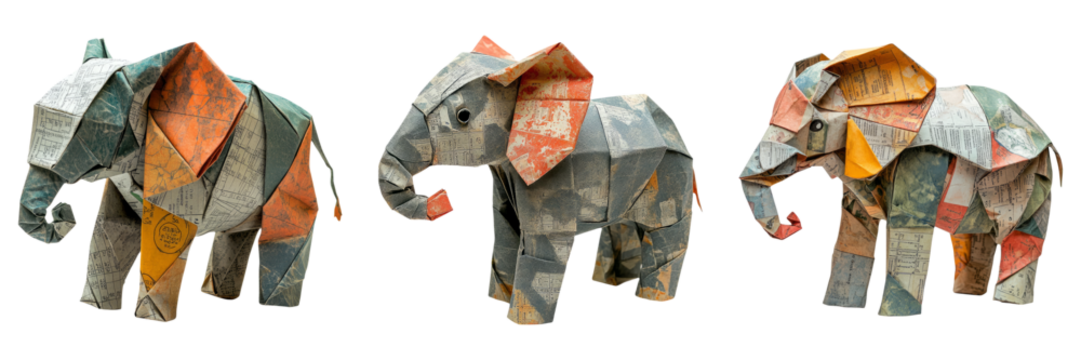 Playful paper elephants in bright colors isolated on transparent PNG image perfect for circus themes or kids educational designs