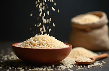 Close-up Matta rice in brown bowl. Wooden spoon, burlap sack. Raw grain falls from above. Healthy food concept. Indian boiled rice, Kerala cuisine, organic food.