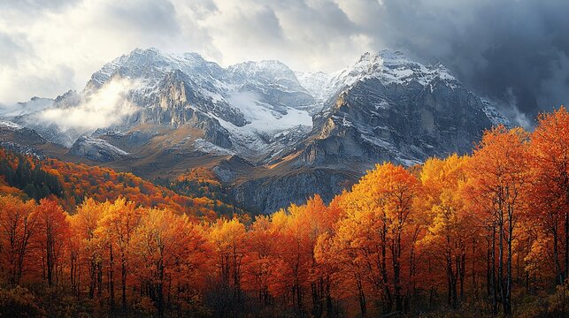 Autumnal forest, snow-capped mountains, dramatic sky, scenic landscape, nature photography - Powered by Adobe