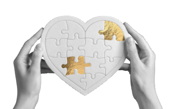 Golden heart puzzle piece held gently by hands, symbolizing love, healing, and emotional support. The shiny, warm foil texture represents recovery and connection, mending a broken bond and bringing.