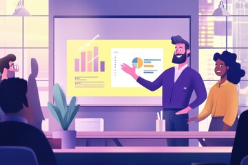 Illustrated office scene: Man stands presenting to group in conference room, holding tablet displaying colorful bar chart and pie chart data on wall screen
