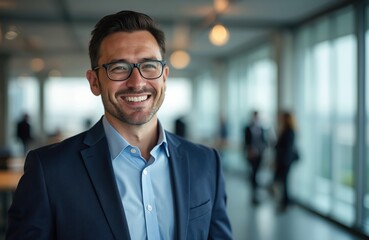 Obraz premium Smiling businessman wearing glasses poses in modern office interior. Confident business professional in suit, smart casual style. Positive, cheerful, attractive, happy, photogenic guy with great