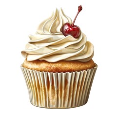 Delicious Vanilla Cupcake with Whipped Cream and Cherry Topping