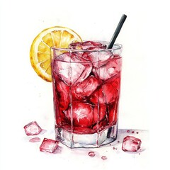 Refreshing red cocktail with ice and lemon garnish, watercolor illustration on white background. Vibrant colors, detailed ice cubes, and a simple, elegant glass.
