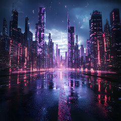Obraz premium A futuristic cityscape with glowing neon lights reflected in a wet street creating a cyberpunk atmosphere. Use for a sci-fi book cover or game background.