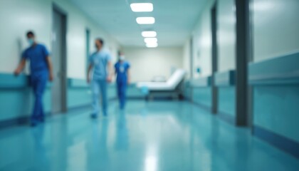 Blurred hospital corridor with medical staff walking. Doctors, nurses in blue uniforms. Abstract medical healthcare background for health tech, clinic, emergency. Healthcare professionals. Health