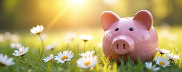 Pink piggy bank in sunny garden with daisies. Symbol of savings financial growth. Beautiful flowers bloom on green grass. Concept of money, investment, wealth, budget. Summer season.