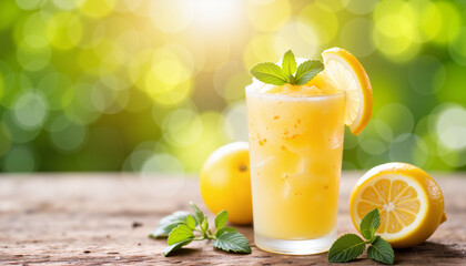 Fototapeta premium Refreshing lemonade drink with lemon and mint against blurred background 