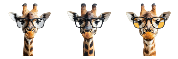 Tall giraffes with quirky expressions and glasses isolated on transparent PNG image perfect for safari, cartoon art, or animal apps