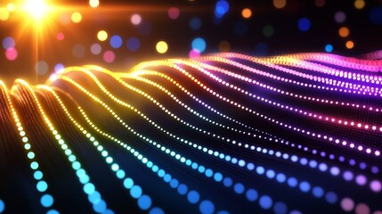 Colorful, glowing line of dots that appear to be moving. The dots are in various colors and are arranged in a way that creates a sense of motion and energy