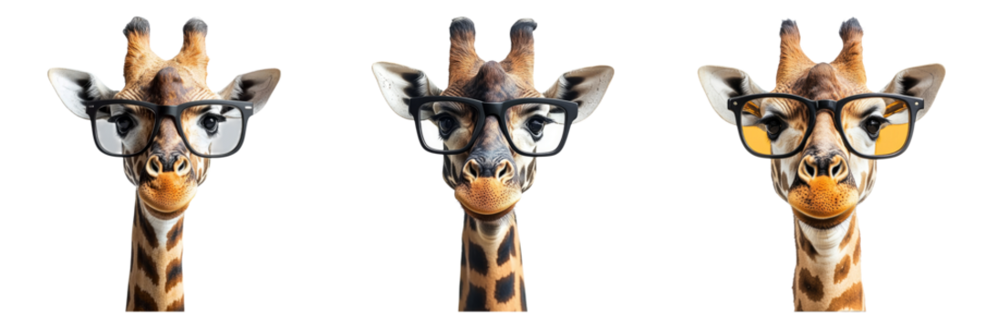 Tall giraffes with quirky expressions and glasses isolated on transparent PNG image perfect for safari, cartoon art, or animal apps