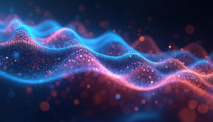 Abstract neon waveform visualization with blue and red glowing particles. Modern digital design, futuristic 3D sound wave concept for tech, music, data visualization. Cybernetic background.