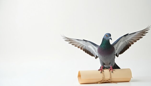 Pigeon landing with rolled letter tied to foot. Clean white background. Sharp details, clean design. Bird carries scroll with a message. Communication, news, post, mail delivery.