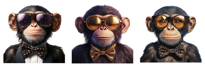 Cool monkeys in tuxedos with sunglasses isolated on transparent PNG image perfect for comedy illustrations or creative branding