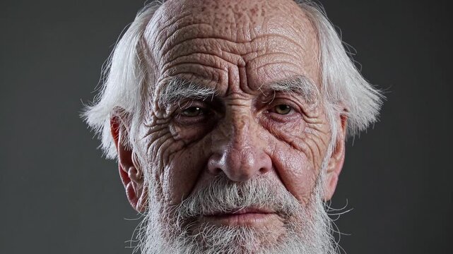 Close-up video portrait of elderly man with long white hair, wrinkled skin, and beard, looking into camera with calm and serious expression on dark background