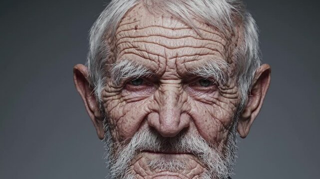 Close-up shot of an elderly man with deeply wrinkled skin, white hair, and intense gaze, looking directly at the camera with a neutral background &ndash; portrait video frame