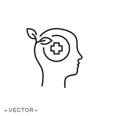 mental health icon, self care, psychological help with treatment concept, thin line symbol isolated on white background, editable stroke eps 10 vector illustration