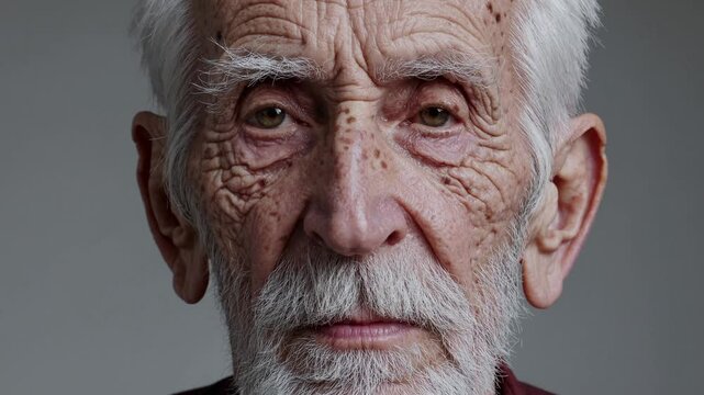 Close-up video of elderly man's expressive and textured face with white beard, wrinkles, freckles, and calm gaze, looking directly at camera on neutral background &ndash; realistic aging portrait