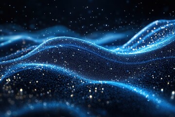 Fototapeta premium Digital Landscape of Glowing Particles Blue Abstract Waves Tech Background with Bokeh Effects