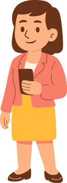 Illustration of a Happy Woman Using a Smartphone in Business Attire