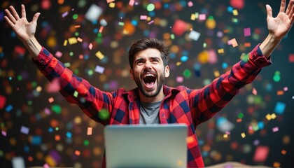 Successful man celebrates stock market win with confetti. Happy trader uses laptop computer, smiles, enjoys financial profit, achieving goal. Finance business concept, investment, profit, growth,