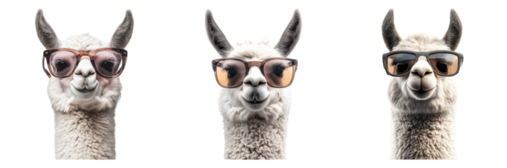 Llamas in sunglasses and trendy expressions isolated on transparent PNG image perfect for fun animal graphics or merchandise design